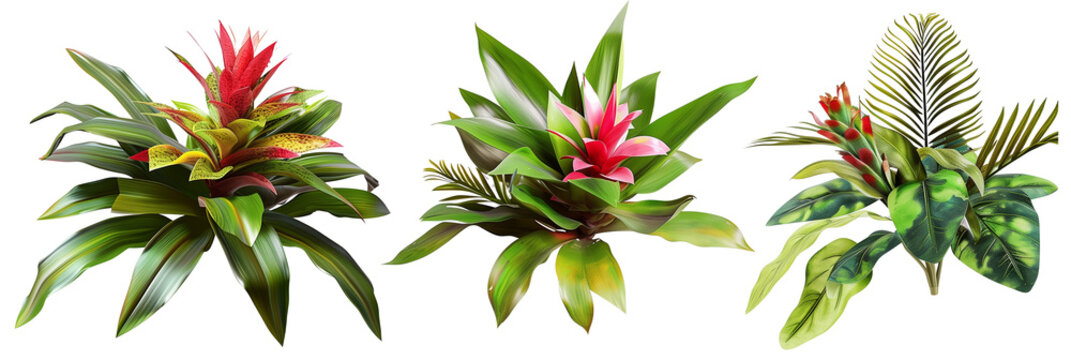 set of combinations of bromeliads with philodendron leaves and palm fronds, isolated on transparent background