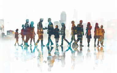 double exposure illustration of business people in silhouette with digital elements, representing the integration and interconnectedness between human beings within an office environment Generative AI
