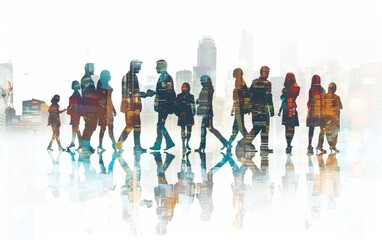 Fototapeta premium double exposure illustration of business people in silhouette with digital elements, representing the integration and interconnectedness between human beings within an office environment Generative AI