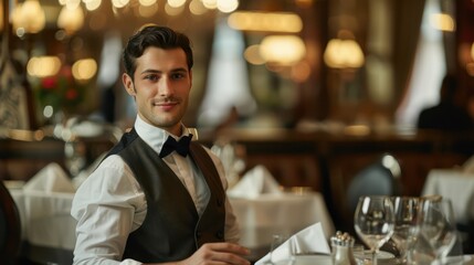 Obraz premium An attractive waiter with professional demeanor is ready to serve in a sophisticated restaurant setting
