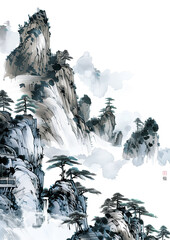 Traditional Chinese Gongbi Painting of Canyons in Delicate Lines