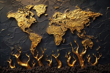 Golden bars sprout roots and branches across a world map, signifying international reach and global market success.