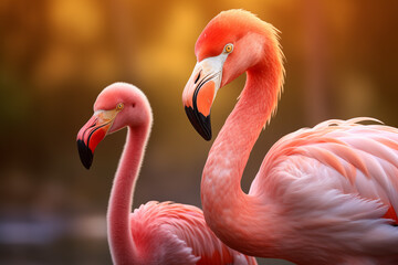 a close up of Flamingo mom and son on natural background
