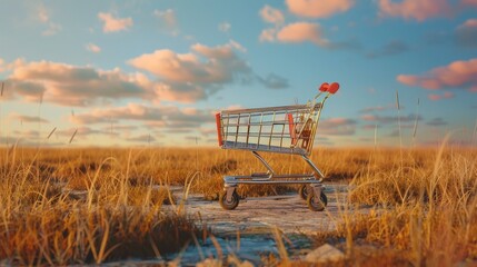 A shopping cart in the field.