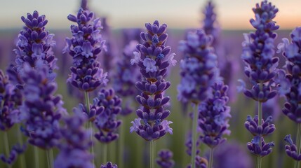 The scent of blue lavender blooms on a vast field in the middle of a peaceful summer farmland