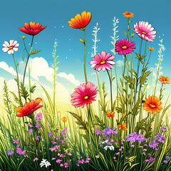field of flowers, closeup of wildflowers meadow shining sky, nature illustration cartoon sticker