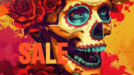 Colorful Day of the Dead-inspired skull graphic with "SALE" text