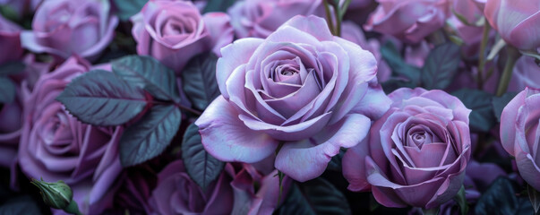 Close-up of lavender roses with lush green leaves