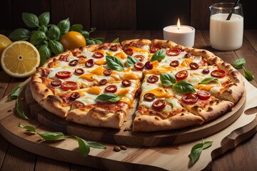 Cheese Pizza serving on a wooden board, Photography