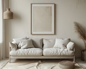 Interior Living Room, Empty Wall Mockup In White Room With Beige Sofa And Decorations, 3d Render