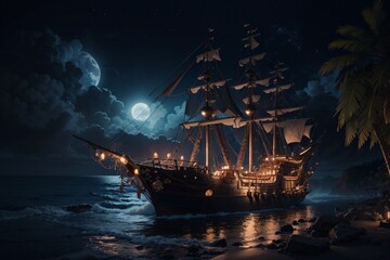 Luminous Ship near the shore under the moonlight, at night photography