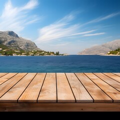 Obraz premium Wooden table against the background of the sea. Generative AI.