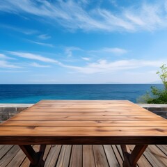 Obraz premium Wooden table against the background of the sea. Generative AI.
