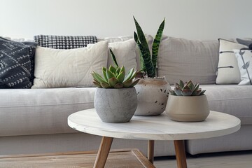 Modern Living Room with Succulent Plants and Decorative Cushions