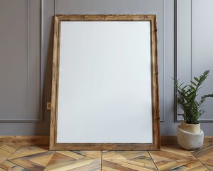 Blank vertical poster frame layout in minimalist white living room interior, modern living room interior background