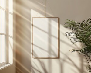 Blank vertical poster frame layout in minimalist white living room interior, modern living room interior background
