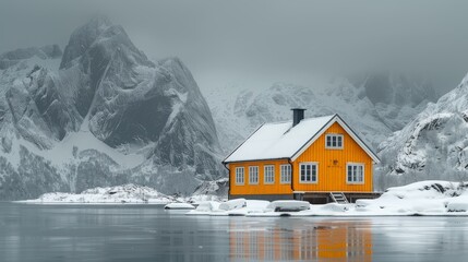 On the Lofoten Islands in Norway, a small wooden yellow house stands on a frozen lake. - Powered by Adobe