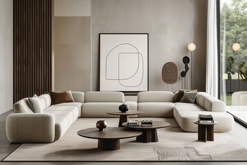 Elegant Minimalist Living Room with Modern Sectional Sofa and Coffee Tables