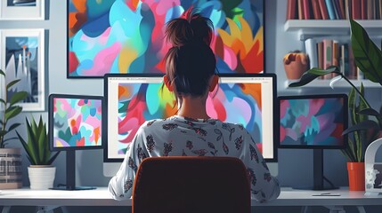 Graphic Designer Working on Vibrant Digital in Modern Creative Studio