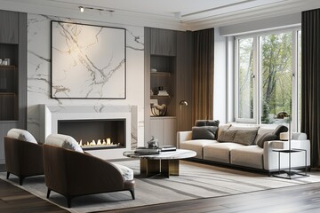 Modern Luxury Living Room with Marble Fireplace and Designer Furniture
