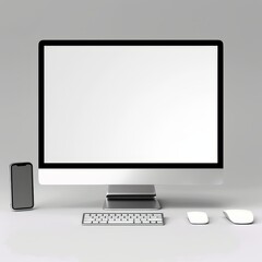 Computer display with keyboard, mouse and smartphone. 3D rendering.