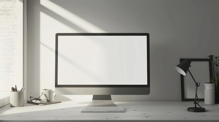 3D Rendering : illustration of desktop computer with blank screen on table in modern home office