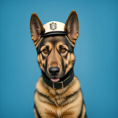 German shepherd dog wearing police hat on blue background.