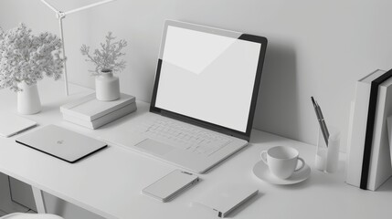 Laptop screen mockup on white desktop with stationery. 3d rendering.