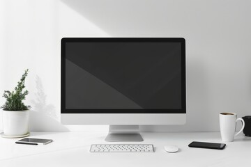 Fototapeta premium Close up of modern designer desktop with blank computer screen, coffee cup, smartphone and plant. Mock up