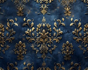 Exquisite Royal Tapestry Pattern with Intricate Golden Embroidery on Deep Blue Background