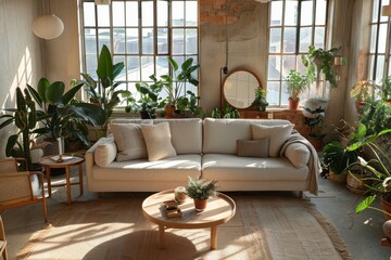 Warm Cozy Living Room Mockup Featuring Neutral-Toned Furniture and Abundant Greenery