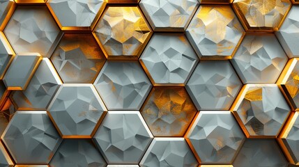 White and gold hexagonal geometric pattern resembling an intricate mosaic composed of futuristic 3D hexagons