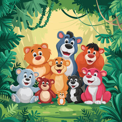 Naklejka premium Group of happy animals cartoon in the jungle colorful vector illustration