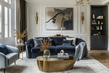 Elegant Living Room with Plush Velvet Sofa, Gold Accents, and Modern Art