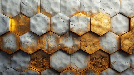 Hexagon relief texture with golden scuffs on white. Beautiful seamless realistic texture on black.