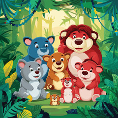 Naklejka premium Group of happy animals cartoon in the jungle colorful vector illustration
