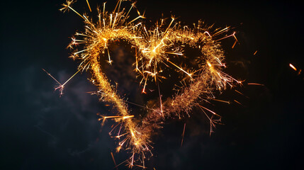 A heart shape created from sparkling sparklers against a black background