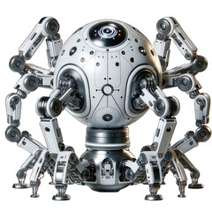 Fototapeta premium The image shows a robot with a spherical body and eight mechanical legs