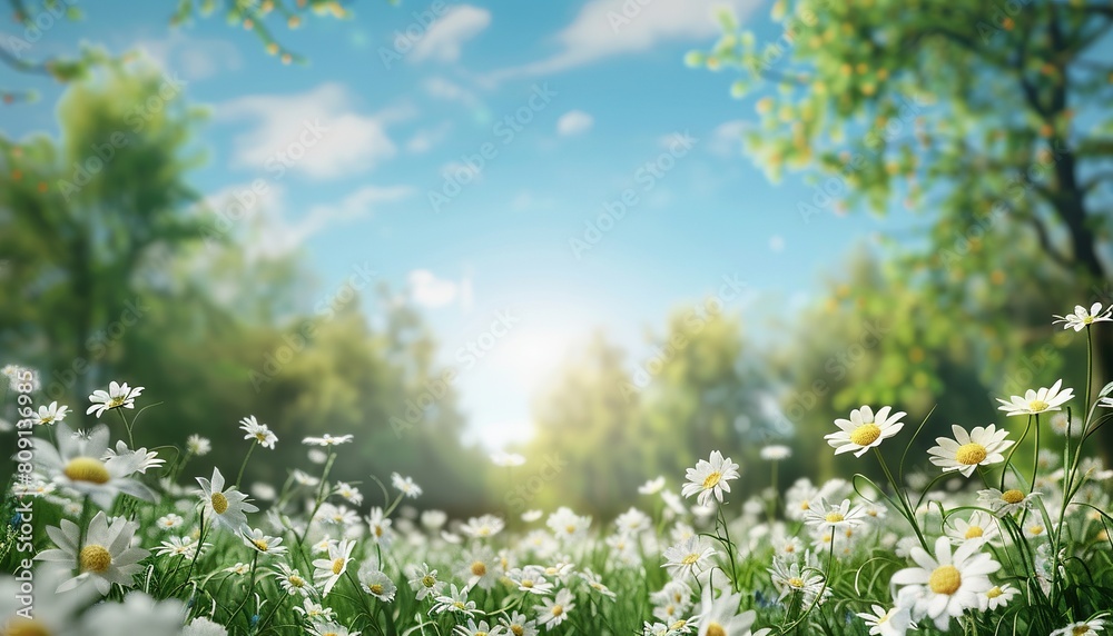 Canvas Prints A serene landscape of a daisy-filled meadow with blue sky and sun flare, evoking a sense of freedom and tranquility