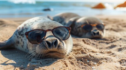 Obraz premium Seals Wearing Sunglasses on Sunny Beach