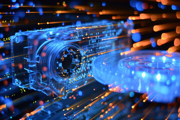 A computer generated image of a camera surrounded by blue and orange lights