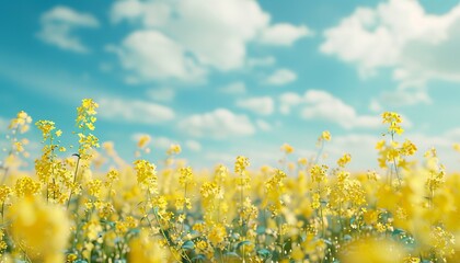 A field of vibrant yellow rapeseed flowers contrasting with the clear blue sky above - Powered by Adobe