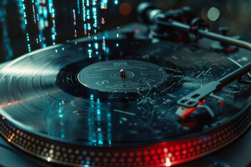 A record is being played on a turntable with numbers coming out of it