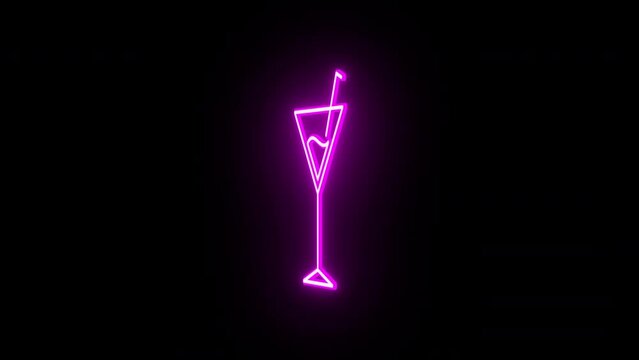 Neon cocktail sign animation, rotation around vertical axis. Glowing neon 3D martini icon, looped spin. Night cocktail, martini glass, alcohol bar, drinks menu, summer party. Purple, pink, red colors