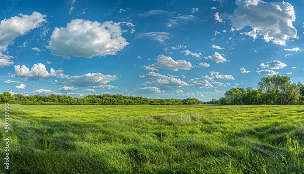 Poster Wide-angle capture of a vast, green field beneath an expansive blue sky dotted with fluffy, white clouds