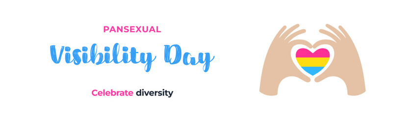 Pansexual Awareness and Visibility Day 24th May, pansexual flag in a heart shape and hands heart love gesture. Pansexual Visibility Day vector banner isolated on a white background.