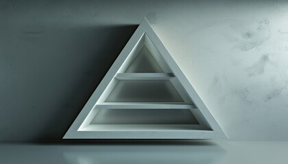 Image represents three triangular geometric shelves arranged in a descending order against a textured wall