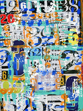 Recorte de revista abstrato cortado. Tiras de letras de revistas e jornais. Publicidade, com&eacute;rcio, letras. Fundo papel colorido.