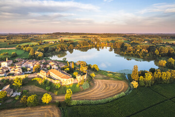 Aerial view of one of the best village of Italy with heart-shaped lake, Castellaro Lagusello,...