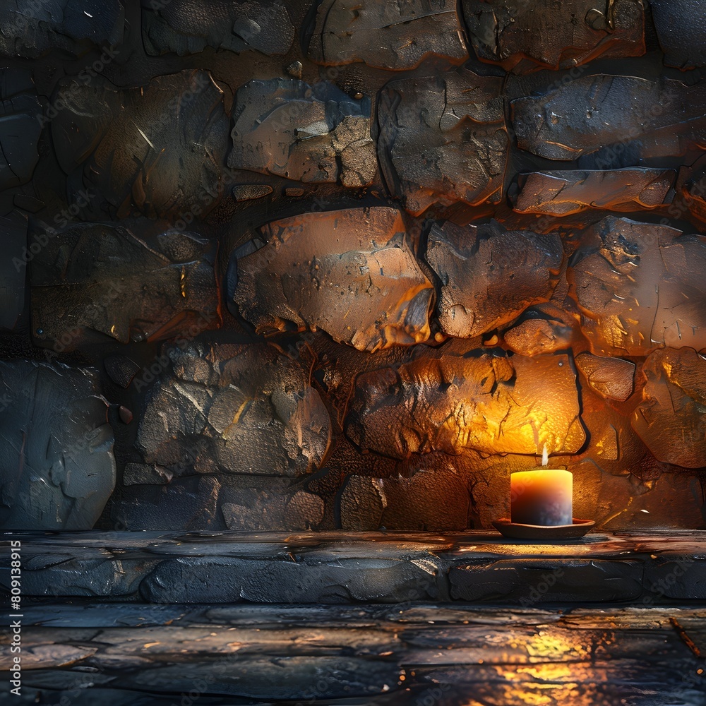 Poster Flickering Candlelight Casting Shadows on Elegant Stone Wall in Luxury Background Concept with Copy Space